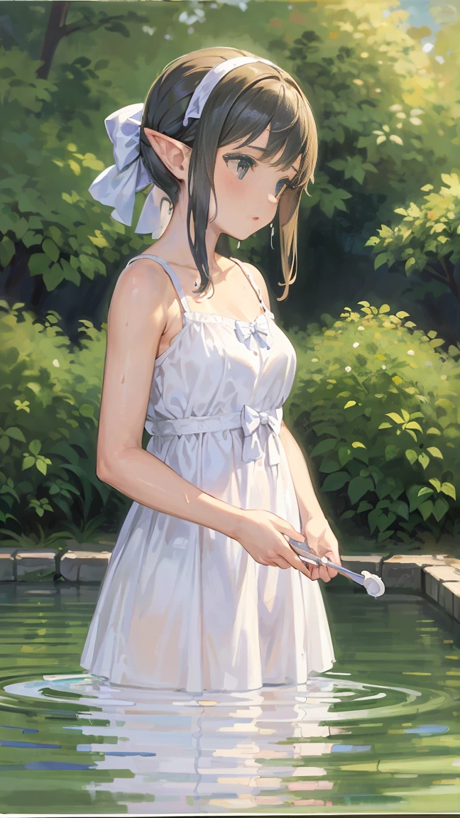 Claude Monet style, Impressionism, 1 Girl, Focus on the upper body, (White camisole dress), 14 years old, whole body, Silver short hair, Pool, Wet, ((bow)), Elf Ears, Pass the nipple through, transparent