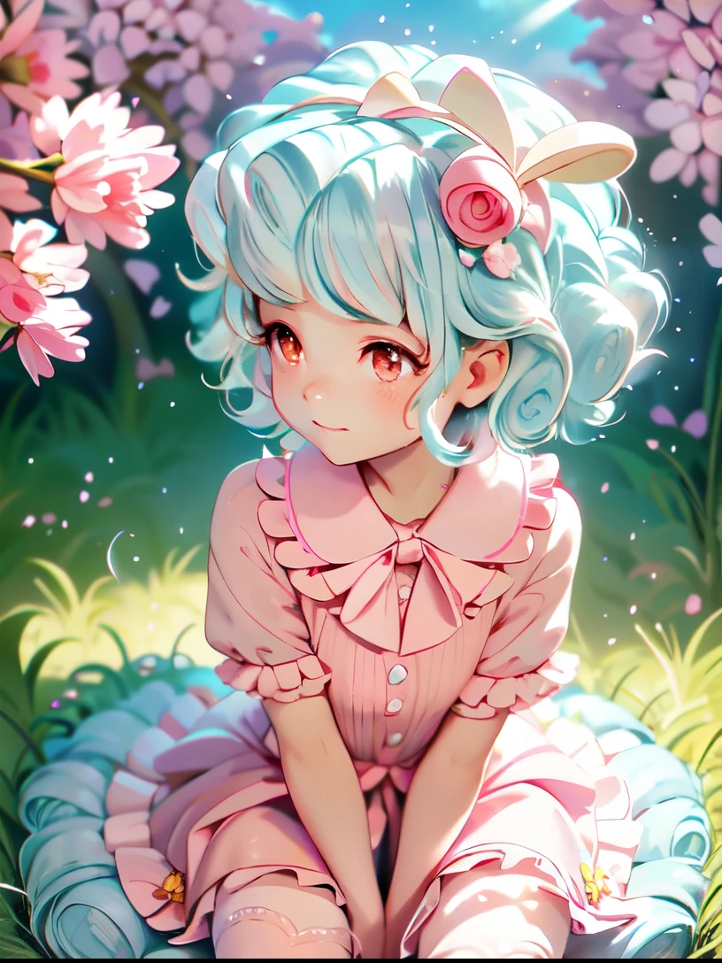 My little pony, cozy glow, young girl, blue swirly short hair, swirly bangs, (pastel pink skin), ((blue hair with light blue strains)), orange eyes, white hair band, in a pink botanical garden, Nyssa sylvatica garden arch, pink shimmering ponds with lily pads, cherry blossom tress everywhere, light pink crepuscular rays, pink dappled rays, pink soft evening sky, pink clouds, pink and white roses everywhere, pink frilly dress, soft innocent look, red morning glory Delphinium all around her, ultra high quality, sitting under a pink cherry blossom tree, pink garden