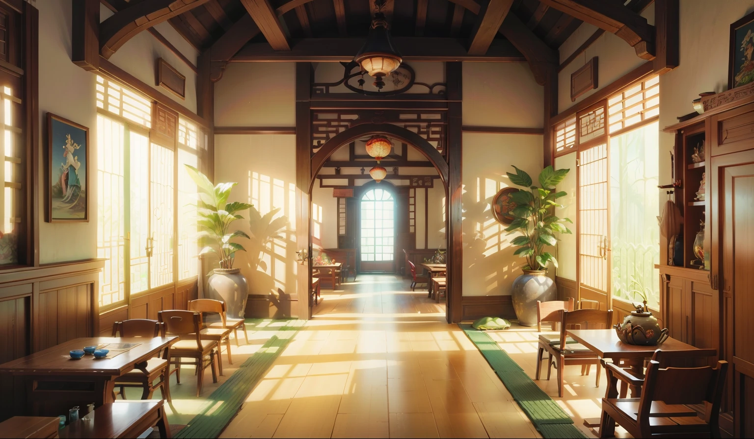 Chinese fairy tale scene，Lobby of ancient Chinese architecture，There is a long corridor，There are many windows with a statue in the middle, 《The Legend of Korra》set up, anime scenery concept art, library of ruina concept art, traditional japanese concept art, anime background art, interior background art, symmetry!! concept art, Madhouse studio anime style, relaxing concept art, Beautiful rendering of the Tang Dynasty, Zen temple background