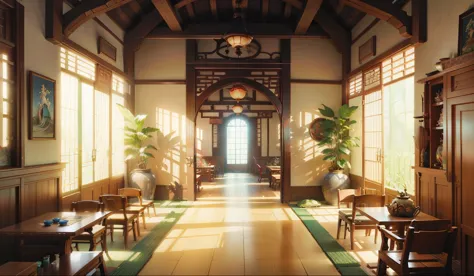 Chinese fairy tale scene，Lobby of ancient Chinese architecture，There is a long corridor，There are many windows with a statue in ...