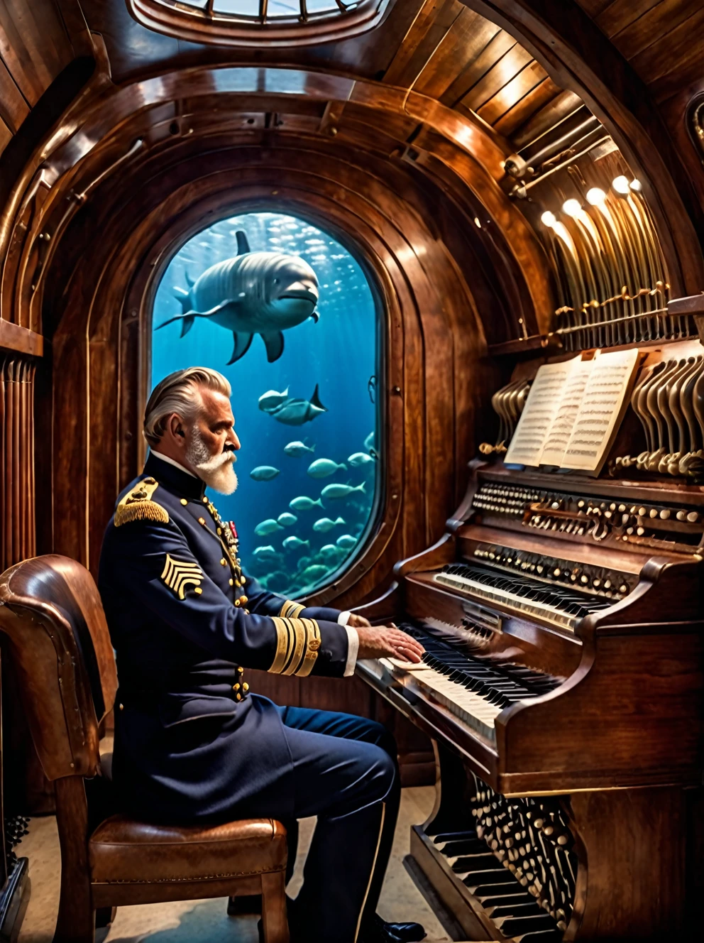 photo focus on male focus, indoors, realistic scenery, (captain nemo:1.1),  playing the organ, pipe organ, music, inside the nautilus submarine, large window in the background with underwater ocean, wood and metal decor, close-up, arch, chair, loaded military uniform, nautilus-style. character photo portrait, film, professional, 4k, highly detailed, 