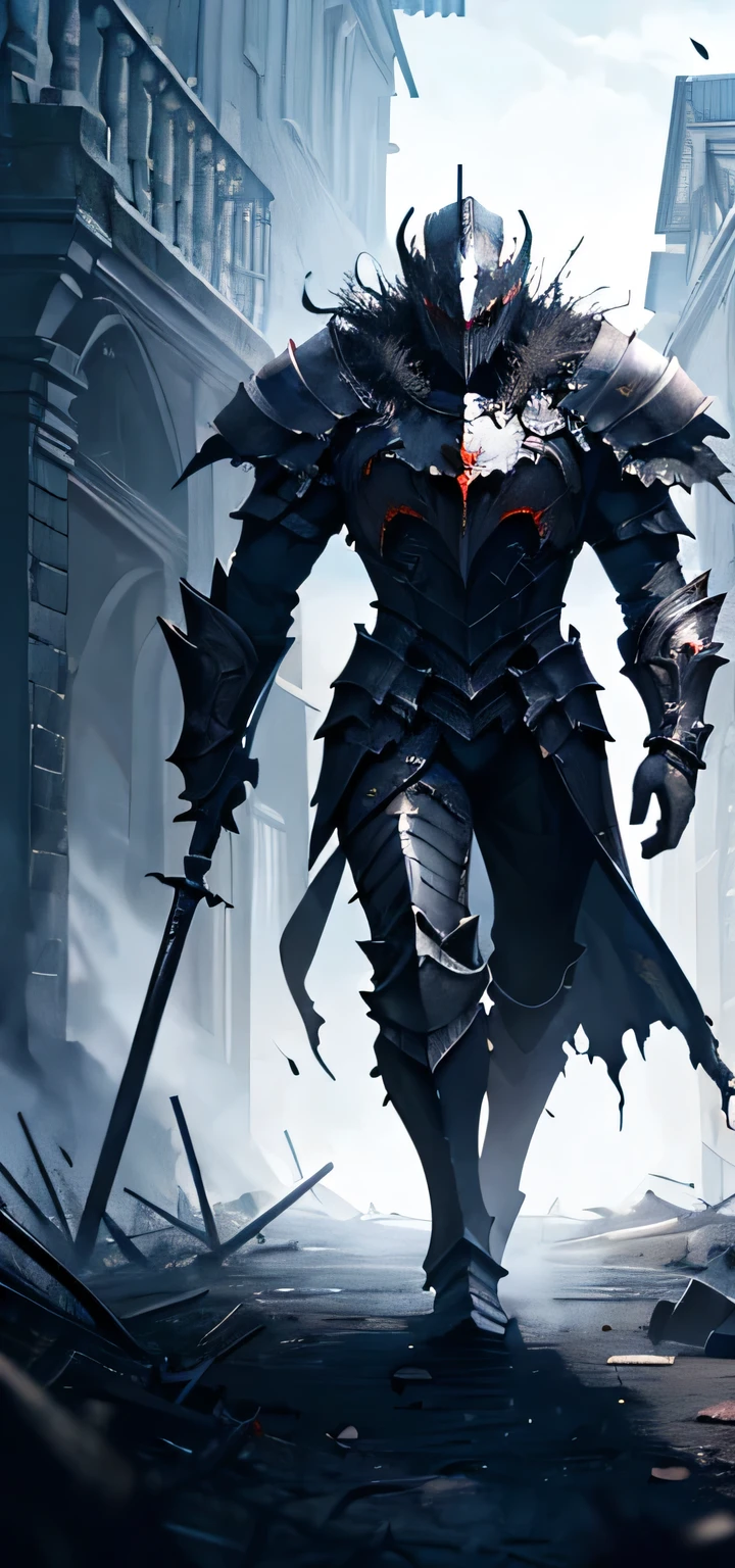 {masterpiece, best quality}, illustration, 8k, perfect shadows,perfect lighting,hdr, ambient lightingintricate armor, detailed facial features, dramatic walking pose, photorealistic, evil knight (broken armor), (holding enemy head), eyes glowing, scary, (dark soul), destroyed kingdom background, {dark euphoria, armagedon, darkness}