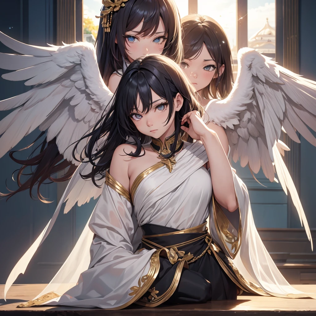 ((On the table, best quality)), Delicate face, Character Design Sheet，whole body, Perfect proportion，Rich in details, Multiple poses and expressions, Very detailed, Martial Arts Girl，1Girl with black wings，Gradient hair color，Golden，Delicate eyes, see through，1 Angel Wings Girl，cloud，High balance, Halo，Natural light，Starlight decoration，Background greek temple