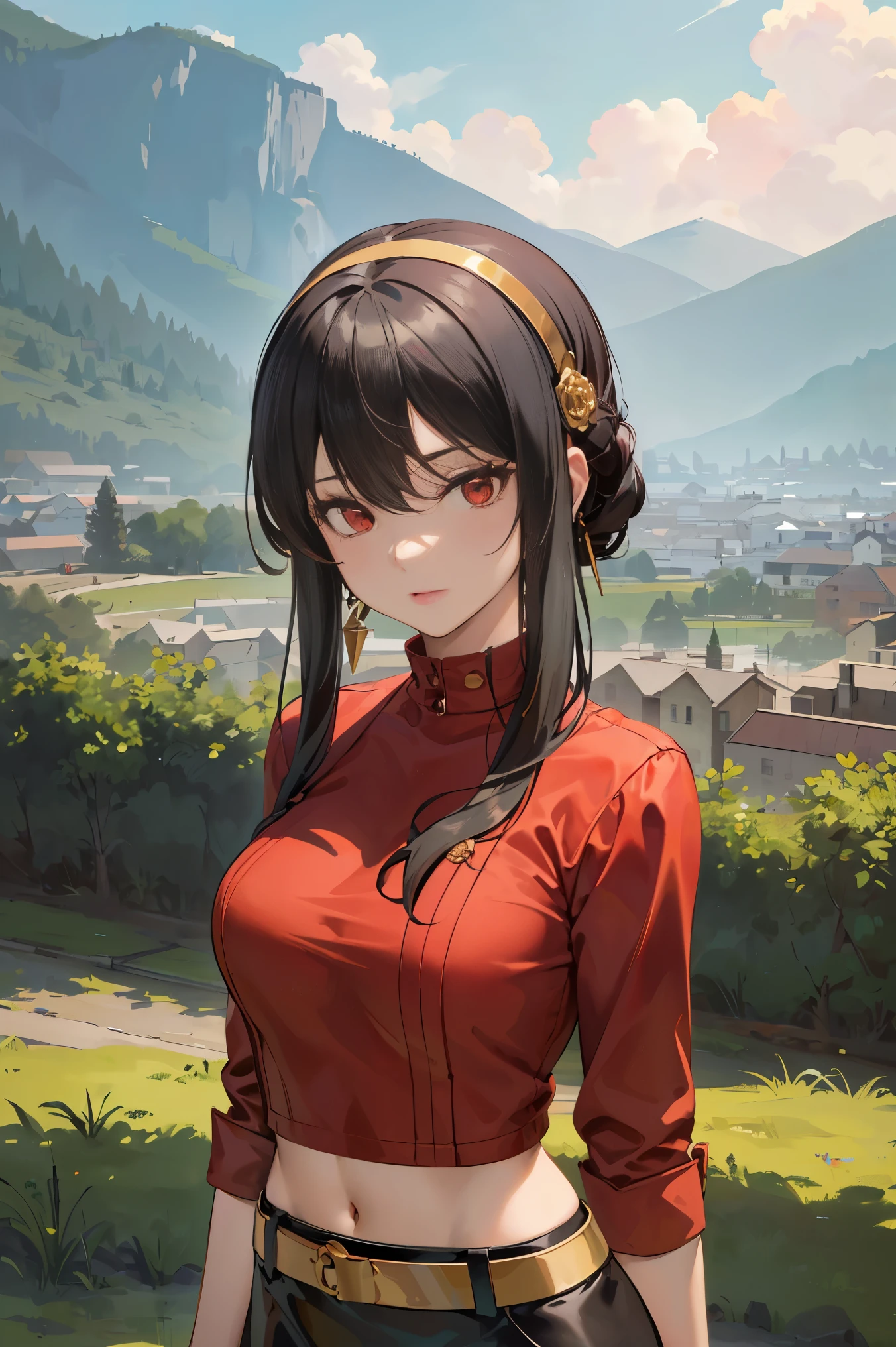 masterpiece, best quality, highres, Ajof, side locks, golden hairband, hair adornments, ((Red eyes:1.5)), gold earring, Large breasts,((black hair:1.5)), midriff, black skirt, asymmetrical legwear, pink shirt, black thighhighs, belt, miniskirt, landscape, standing, standing, portrait, upper body