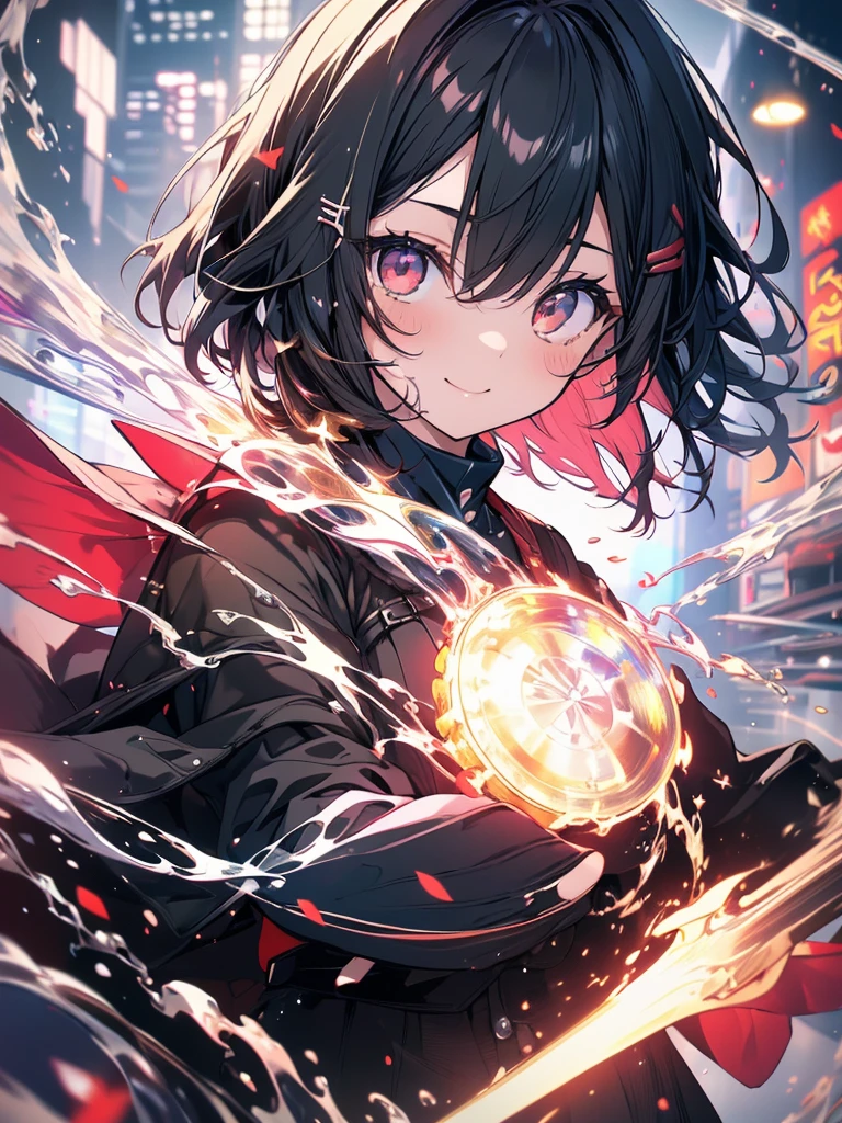 (masterpiece, highest quality, highest quality, (No text), Beautiful and aesthetic:1.2),No text,アニメ、 BREAK,One Girl，Short black hair　Beautiful eyes　Red eyes　Beauty　cool　smile　Black Coat　mini skirt　whole body　Night view