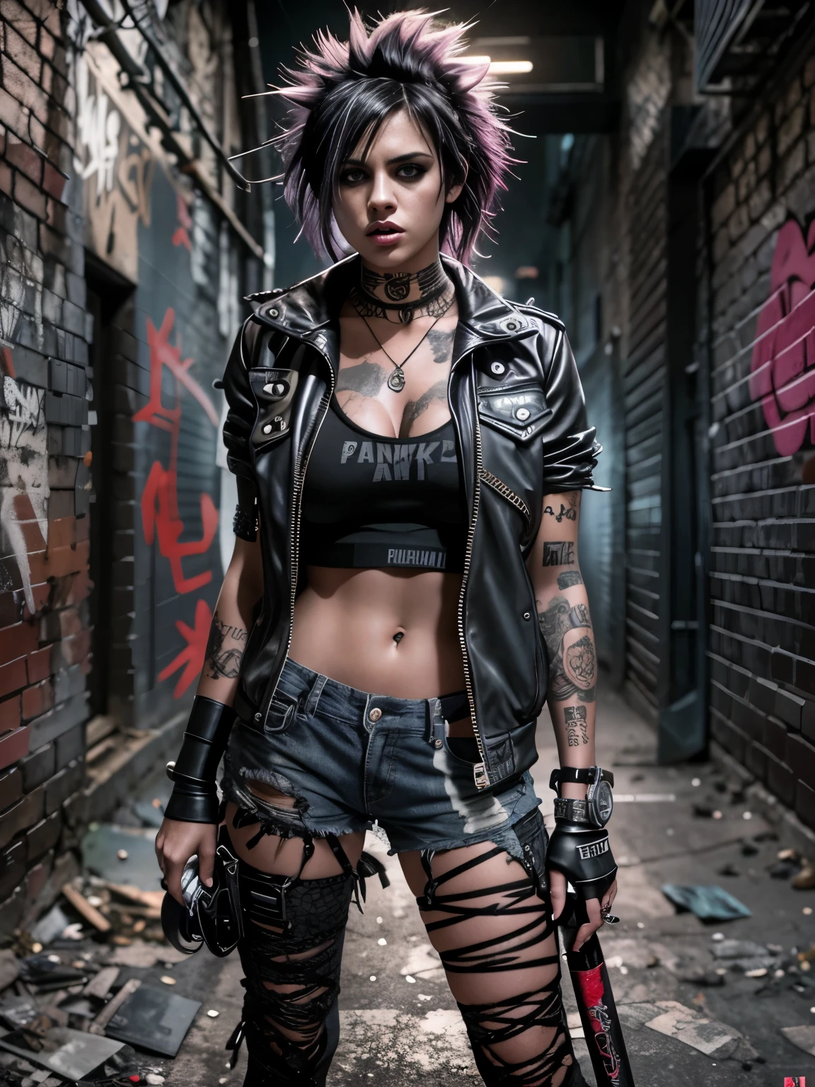 realistic, highly detailed, punk girl with baseball bat, standing in a dark alley, grungy urban environment, moody lighting, dramatic shadows, intense expression, spiked hair, ripped clothing, combat boots, graffiti-covered walls, cinematic composition, photorealistic, 8K, masterpiece