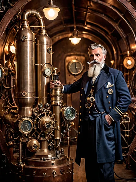 photo focus on male focus, indoors, realistic scenery, (captain nemo:1.1), retro-futuristic,  holding a vacuum tube, thermionic ...