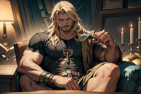 16 k,  and cinematic style portraying thor in a humorous and relaxed way. depict thor sitting in an armchair with spreadlegs, vi...