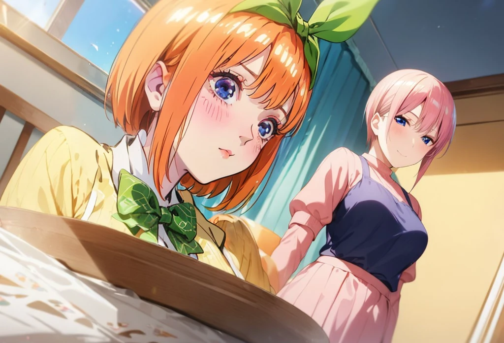  [Nakano yotsuba, nakano_yotsuba, aayotsuba, shoulder length orange hair, green ribbon] blushing, looking down, embarassed face, flustered, goofy awkward, extremely cute face, in love, dreamy eyes,  best quality)), extremely fine and beautiful, super fine illustration, top-quality、Official art、Beautifully Aesthetic:、vivid colours、colourful, HD Detail, Ultra Detail, soft Light, magical photography, intricate details, , sfw, , indigo eyes, masterpiece, 4k, ultradetailed,