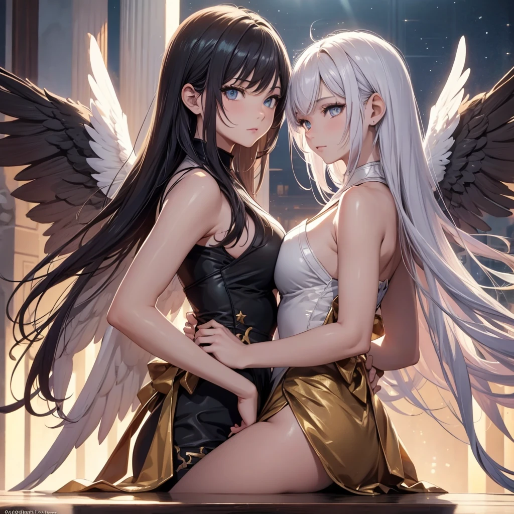 ((On the table, best quality)), Delicate face, Character Design Sheet，whole body, Perfect proportion，Rich in details, Multiple poses and expressions, Very detailed, Martial Arts Girl，1Girl with black wings，Gradient hair color，Golden，Delicate eyes, see through，1 Angel Wings Girl，cloud，High balance, Halo，Natural light，Starlight decoration，Background greek temple