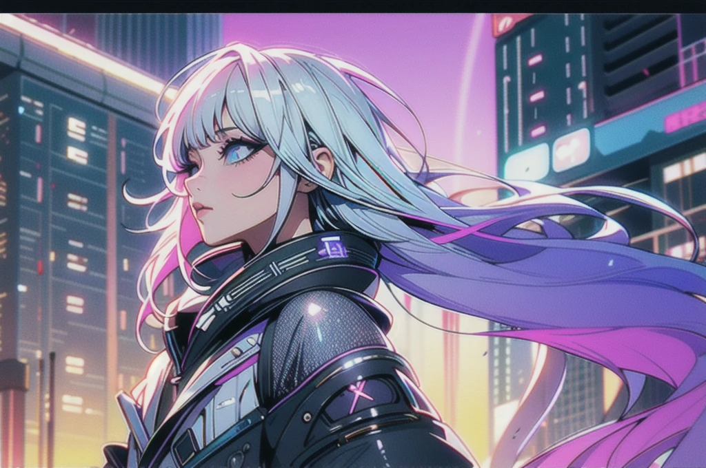 masterpiece,Highest quality,1 Synthwave girl,Blue outline,Neon cityscape,Blue fluorescent paint,solo,From below,Cowboy Shot,Rooftop of a building,Highly detailed CG,Flat Color,Limited palette,Line art,silhouette,Partially colored,Alternate Color,Dynamic Angle,Silver-white hair、Blue long upper champagne,Dark purple shadow,Synth Wave,chromatic aberration,(soloフォーカス)、Perfect Shadow、Wearing an off-the-shoulder floating jacket、Delicate face、、Beautiful and delicate eyes、Delicate background、Blue Neon Light、