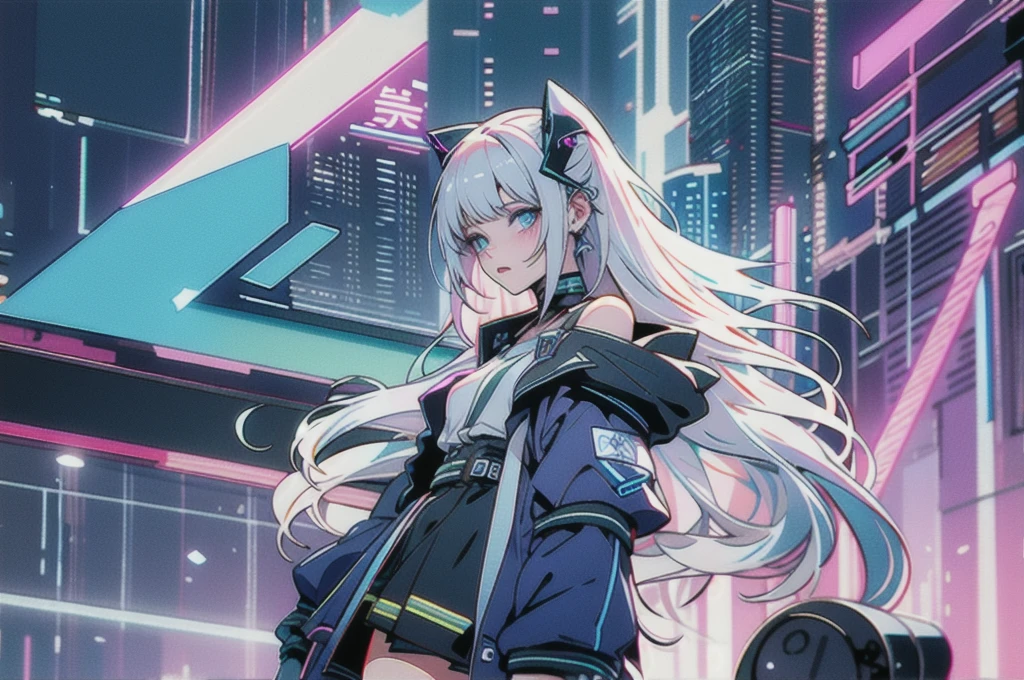 masterpiece,Highest quality,1 Synthwave girl,Blue outline,Neon cityscape,Blue fluorescent paint,solo,From below,Cowboy Shot,Rooftop of a building,Highly detailed CG,Flat Color,Limited palette,Line art,silhouette,Partially colored,Alternate Color,Dynamic Angle,Silver-white hair、Blue long upper champagne,Dark purple shadow,Synth Wave,chromatic aberration,(soloフォーカス)、Perfect Shadow、Wearing an off-the-shoulder floating jacket、Delicate face、、Beautiful and delicate eyes、Delicate background、Blue Neon Light、