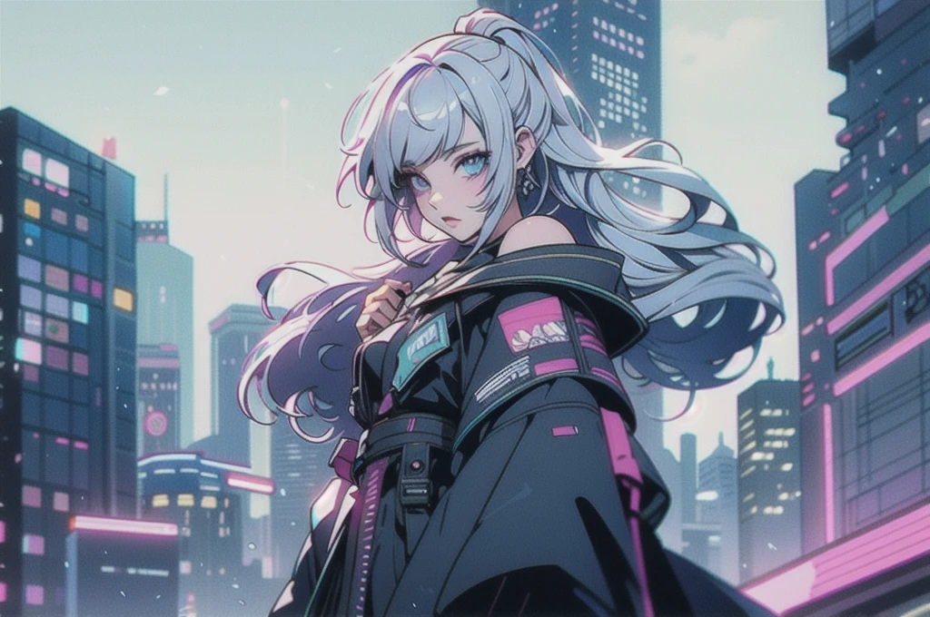 masterpiece,Highest quality,1 Synthwave girl,Blue outline,Neon cityscape,Blue fluorescent paint,solo,From below,Cowboy Shot,Rooftop of a building,Highly detailed CG,Flat Color,Limited palette,Line art,silhouette,Partially colored,Alternate Color,Dynamic Angle,Silver-white hair、Blue long upper champagne,Dark purple shadow,Synth Wave,chromatic aberration,(soloフォーカス)、Perfect Shadow、Wearing an off-the-shoulder floating jacket、Delicate face、、Beautiful and delicate eyes、Delicate background、Blue Neon Light、