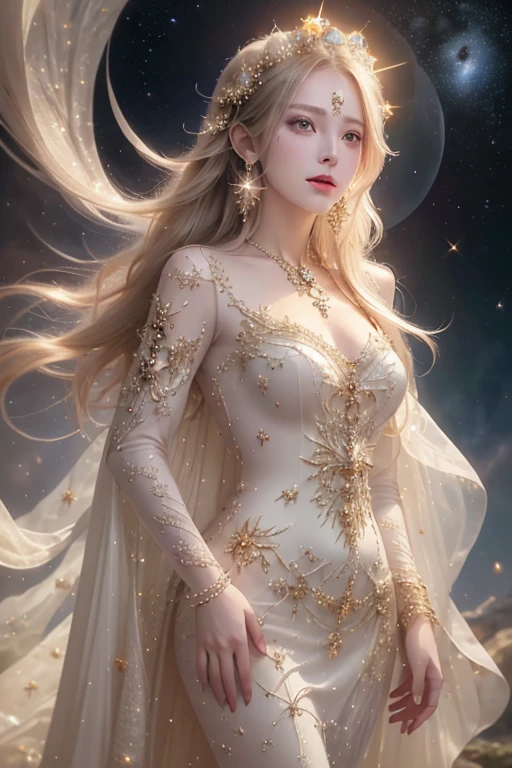 (masterpiece、Highest quality、High resolution、8K、16K)、((Alone in space、Beautiful Goddess、Standing posture、フローティング  the sky like a star))、((whole body))、Golden Cape、White long dress、No sleeve、Adorned with vibrant jewels、Gold Bracelet、Blonde middle、Beautiful brown eyes、A kind smile、Mouth closed、Elegant and detailed face、Graceful operation、Place one hand under your chest、Professional Lighting、The universe is full of light、Countless stars and nebulae、