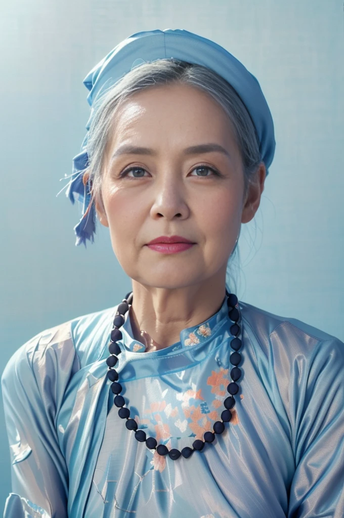 Sehr realistisches Foto, ((Meisterwerk), (beste Qualität), (RAW-Foto), (fotorealistisch:1.4), Porträt einer 85 Jahre alten Vietnamesin, trägt einen braunen traditionellen vietnamesischen Aodai und ein schwarzes Kopftuch, ((graue Haare)), ((Hellblauer Hintergrund:1.4)) , Foto aufgenommen mit Sony A7IV
