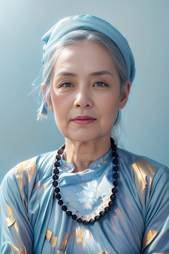 Foto altamente realista, ((obra de arte), (melhor qualidade), (Foto CRU), (fotorrealista:1.4), Retrato de uma mulher vietnamita de 85 anos, vestindo um aodai vietnamita tradicional marrom e um lenço preto na cabeça, ((cabelo grisalho)), ((fundo azul claro:1.4)) , foto tirada por Sony A7IV

