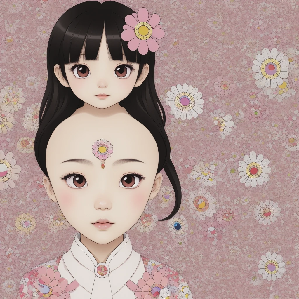 Cute Chinese girl, illustrator, Takashi Murakami, flowers, vector art,coloring pages,coloring page for beginner,big eyes,flat, Illustrator
