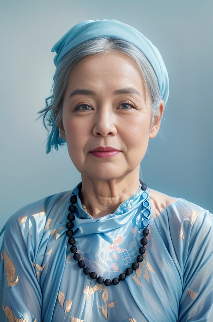 Highly realistic photo, ((masterpiece), (best quality), (raw photo), (photorealistic:1.4), Portrait of a 85 year old Vietnamese woman, wearing a brown traditional Vietnamese aodai and a black scarf on her head, ((gray hair)), ((light blue background:1.4)) , photo taken by Sony A7IV
