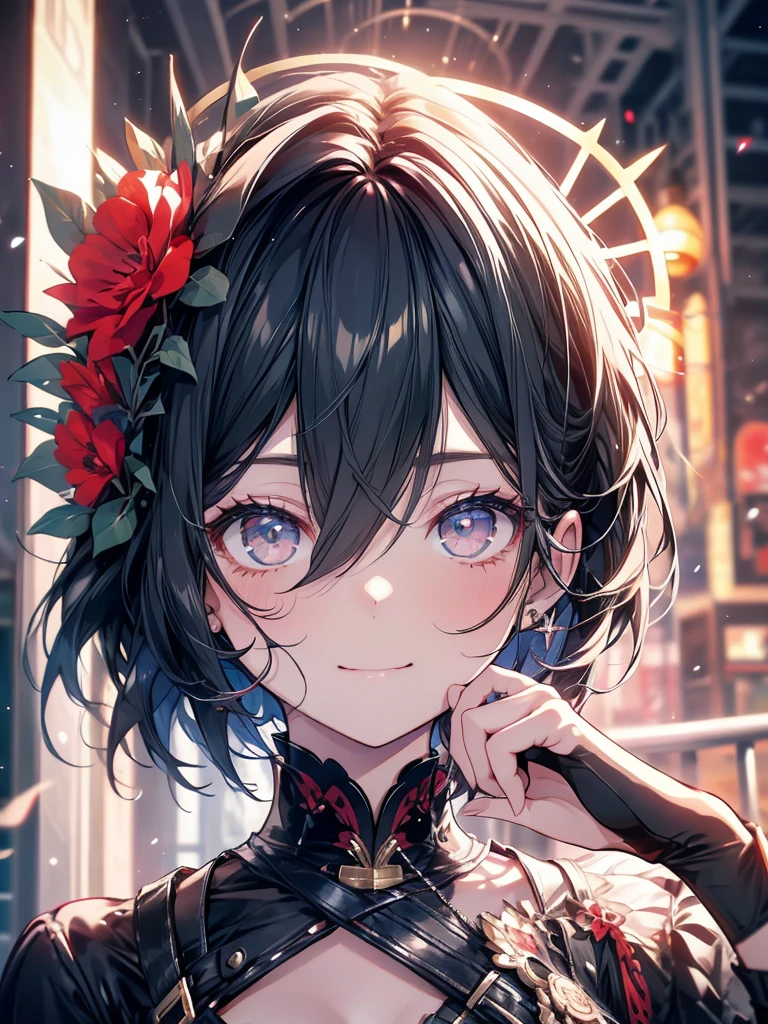 Beautiful girl、masterpiece, Black Hair,  short hair、mini skirt，Red Eye，Beautifully detailed face and eyes、Detailed eyes and face、Intricate details, Ergonomically correct depiction of five fingers, A delicate smile