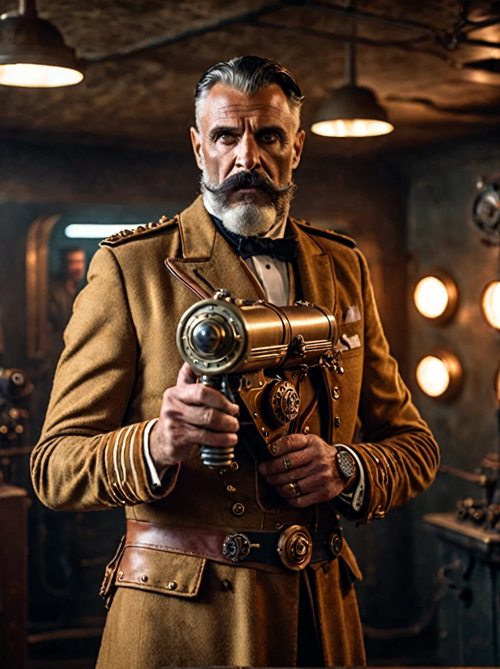 photo focus on male focus, indoors, realistic scenery, (captain nemo:1.1), retro-futuristic,  holding a ray gun, testing a ray gun at a firing range , ray beam,  steampunk nautilus-style. very wide shot, character photo portrait, film, professional, 4k