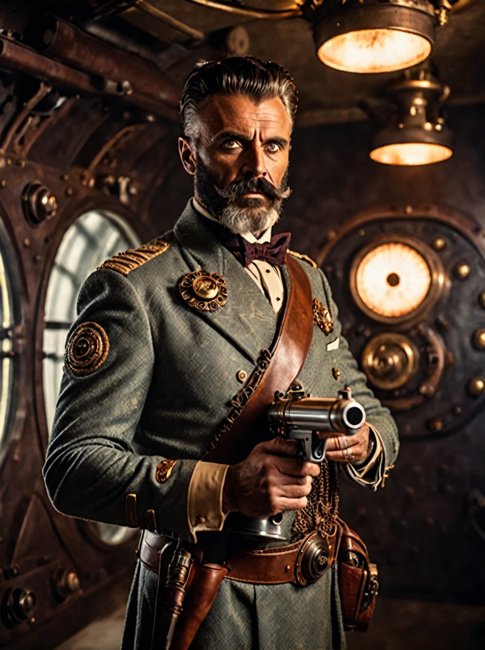 photo focus on male focus, indoors, realistic scenery, (captain nemo:1.1), retro-futuristic,  holding a ray gun, testing a ray gun at a firing range , ray beam,  steampunk nautilus-style. very wide shot, character photo portrait, film, professional, 4k