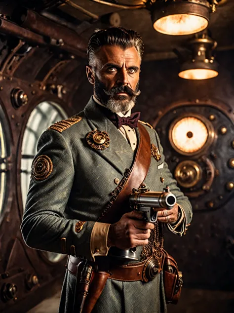 photo focus on male focus, indoors, realistic scenery, (captain nemo:1.1), retro-futuristic,  holding a ray gun, testing a ray g...