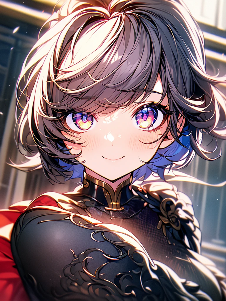 (masterpiece, highest quality, highest quality, (No text), Beautiful and aesthetic:1.2),No text,anime、 BREAK,One Girl，Short black hair　Beautiful eyes　Red eyes　Beautiful girl　cool　smile　Black Coat　mini skirt　whole body　Night view　Beautifully detailed face and eyes、Detailed eyes and face、Intricate details, Ergonomically correct depiction of five fingers, A delicate smile