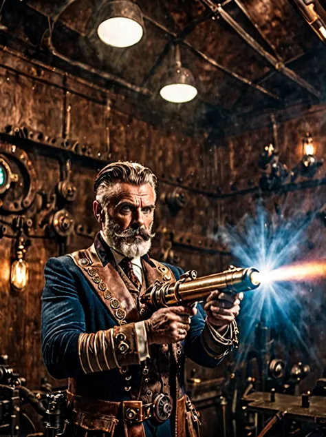 photo focus on male focus, indoors, realistic scenery, (captain nemo:1.1), complex light, retro-futuristic,  holding a ray gun, ...