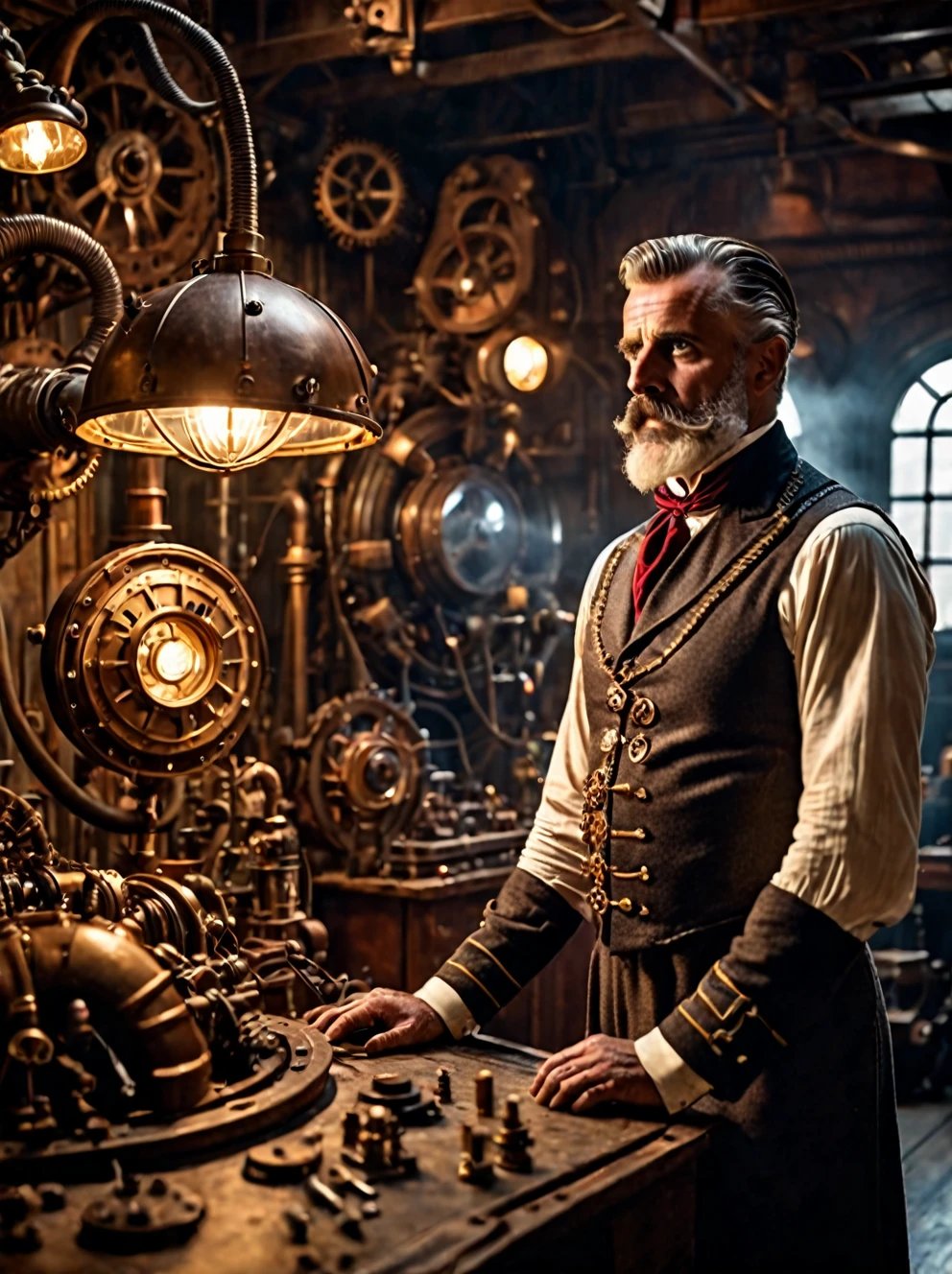 photo focus on male focus, indoors, realistic scenery, (captain nemo:1.1), retro-futuristic,  tinkering in his workshop,  electricity, steampunk nautilus-style. very wide shot, character photo portrait, film, professional, 4k