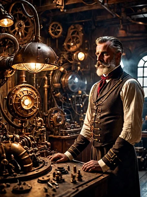 photo focus on male focus, indoors, realistic scenery, (captain nemo:1.1), retro-futuristic,  tinkering in his workshop,  electr...