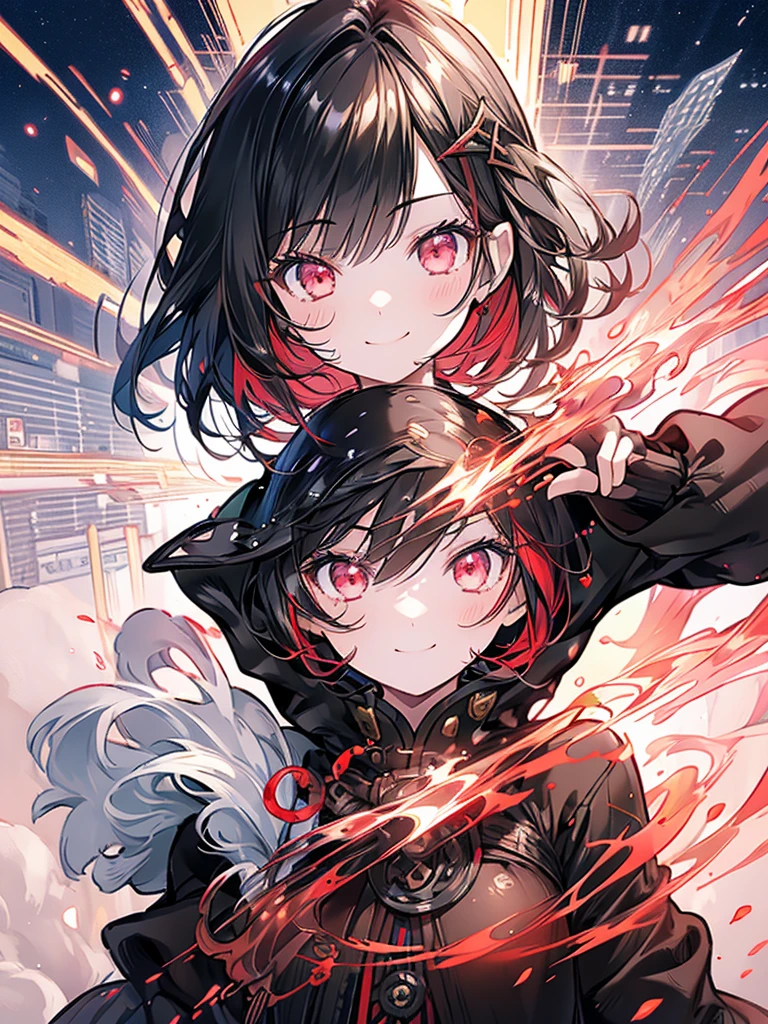 One Girl，Short black hair　Beautiful eyes　Red eyes　Beautiful girl　cool　smile　Black Coat　mini skirt　whole body　Night view　Beautifully detailed face and eyes、Detailed eyes and face、Intricate details, Ergonomically correct depiction of five fingers, 繊細なsmile