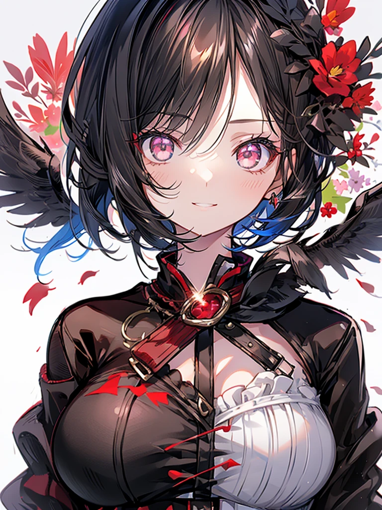 One Girl，Short black hair　Beautiful eyes　Red eyes　Beautiful girl　Black Coat　mini skirt　whole body　Night view　Beautifully detailed face and eyes、Detailed eyes and face、A delicate smile