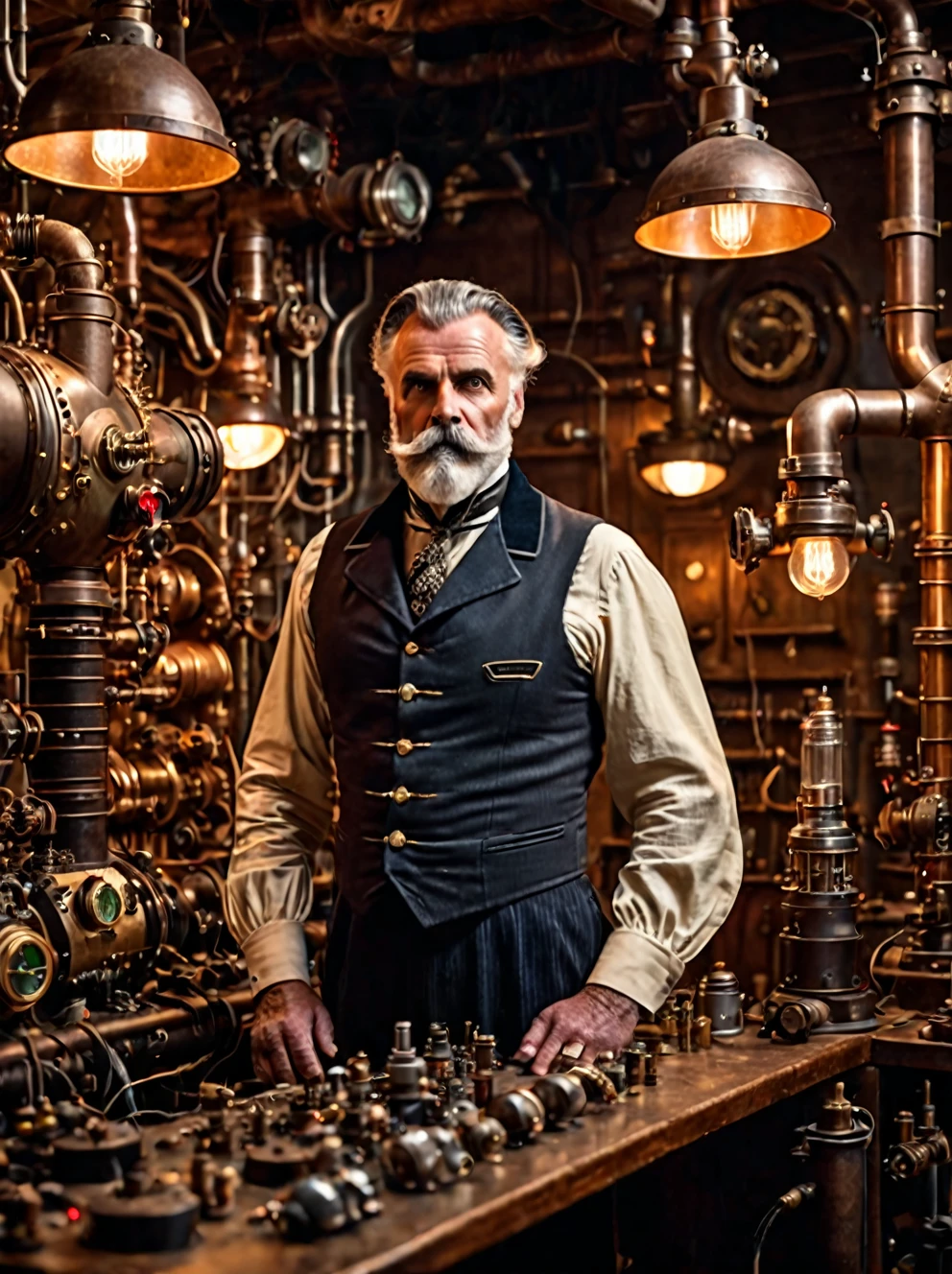 photo focus on male focus, indoors, realistic scenery, (captain nemo:1.1), retro-futuristic,  tinkering in his workshop,  vacuum tubes, thermionic valves, steampunk nautilus-style. very wide shot, character photo portrait, film, professional, 4k