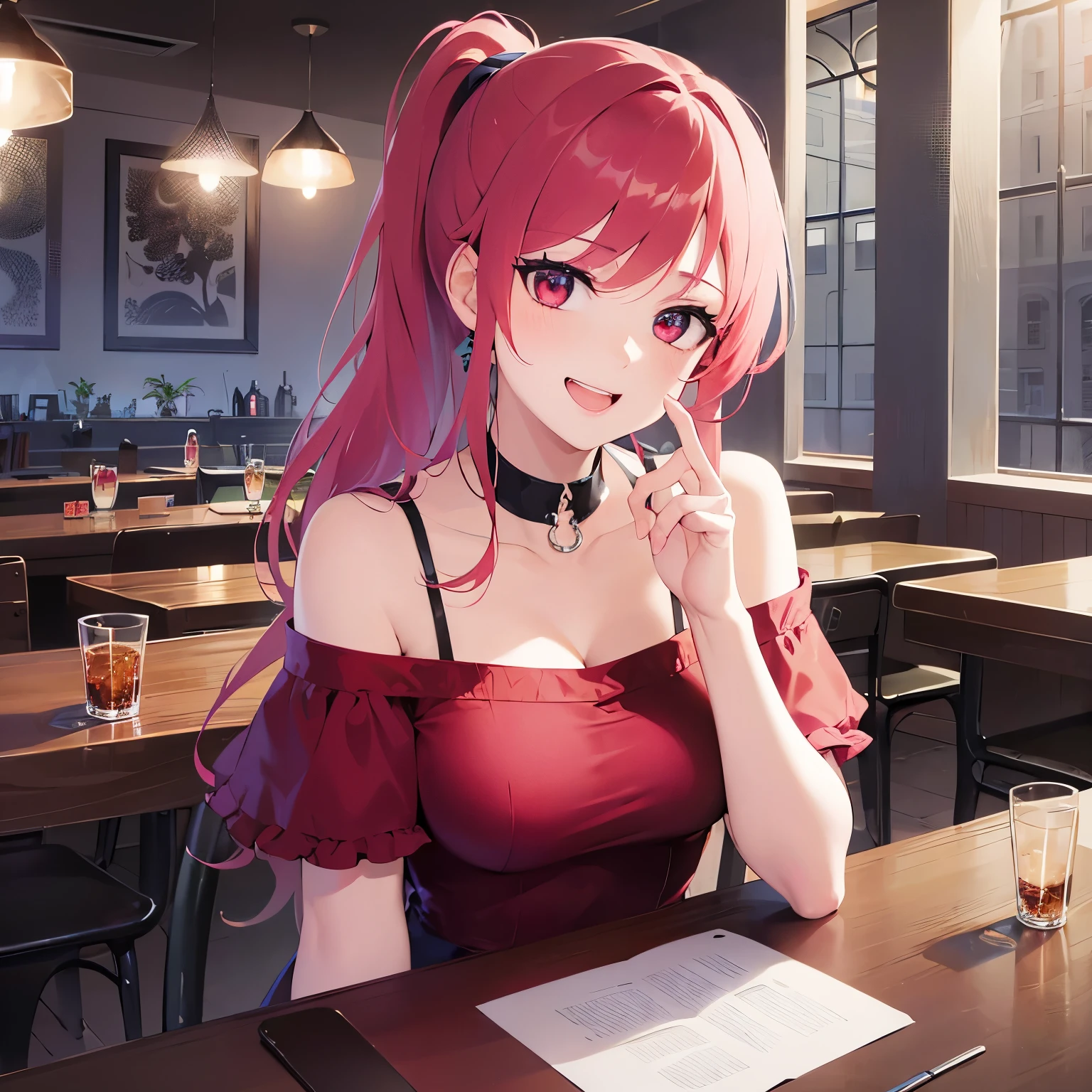 raising hand, Biologically correct five fingers、Realistic, real person, RAW photo, photorealistic, portrait photography, shiny skin, 1 female、(ponytail) and (red hair) and (red eyes), BREAK (black:1.2) and (off shoulder blouse) BREAK、(grin:1.2), open mouth, The background is the interior of a restaurant、alone、Are standing