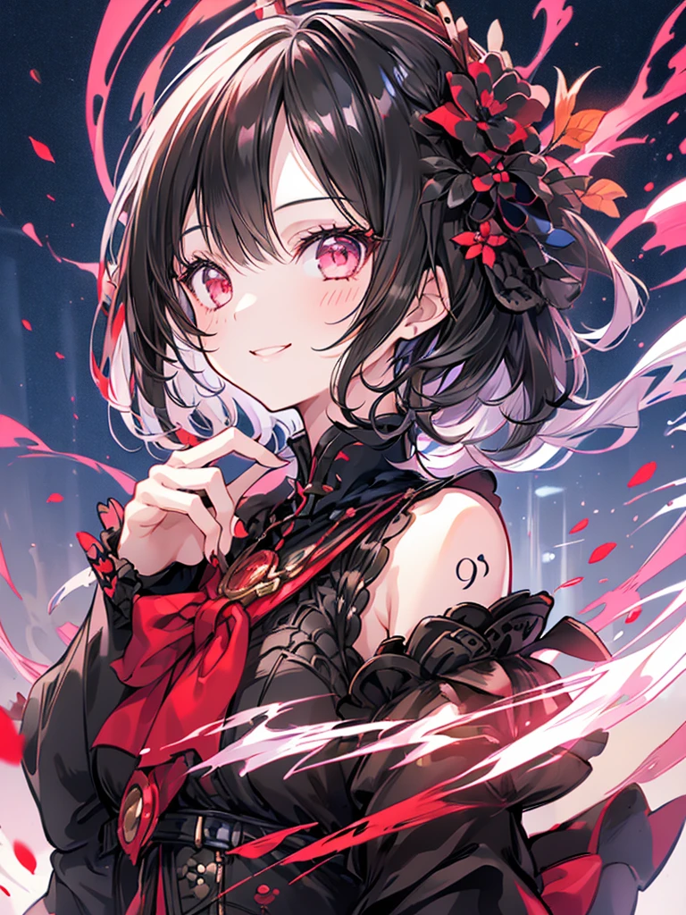 One Girl，Short black hair　Beautiful eyes　Red eyes　Beautiful girl　cool　smile　Black Coat　mini skirt　whole body　Night view　Beautifully detailed face and eyes、Detailed eyes and face、Intricate details, Ergonomically correct depiction of five fingers, 繊細なsmile