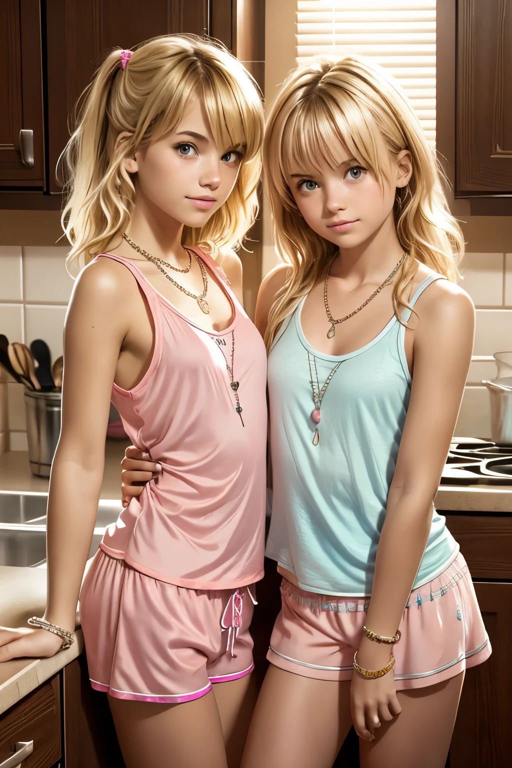 2 Mädchen im Teenageralter, trage sehr kleine rosa Pyjamashorts und Pyjama-Tanktop, an eine Küchentheke gelehnt, blondes, unordentliches Haar, Halsketten, Armbänder,  direkt auf den Betrachter blicken