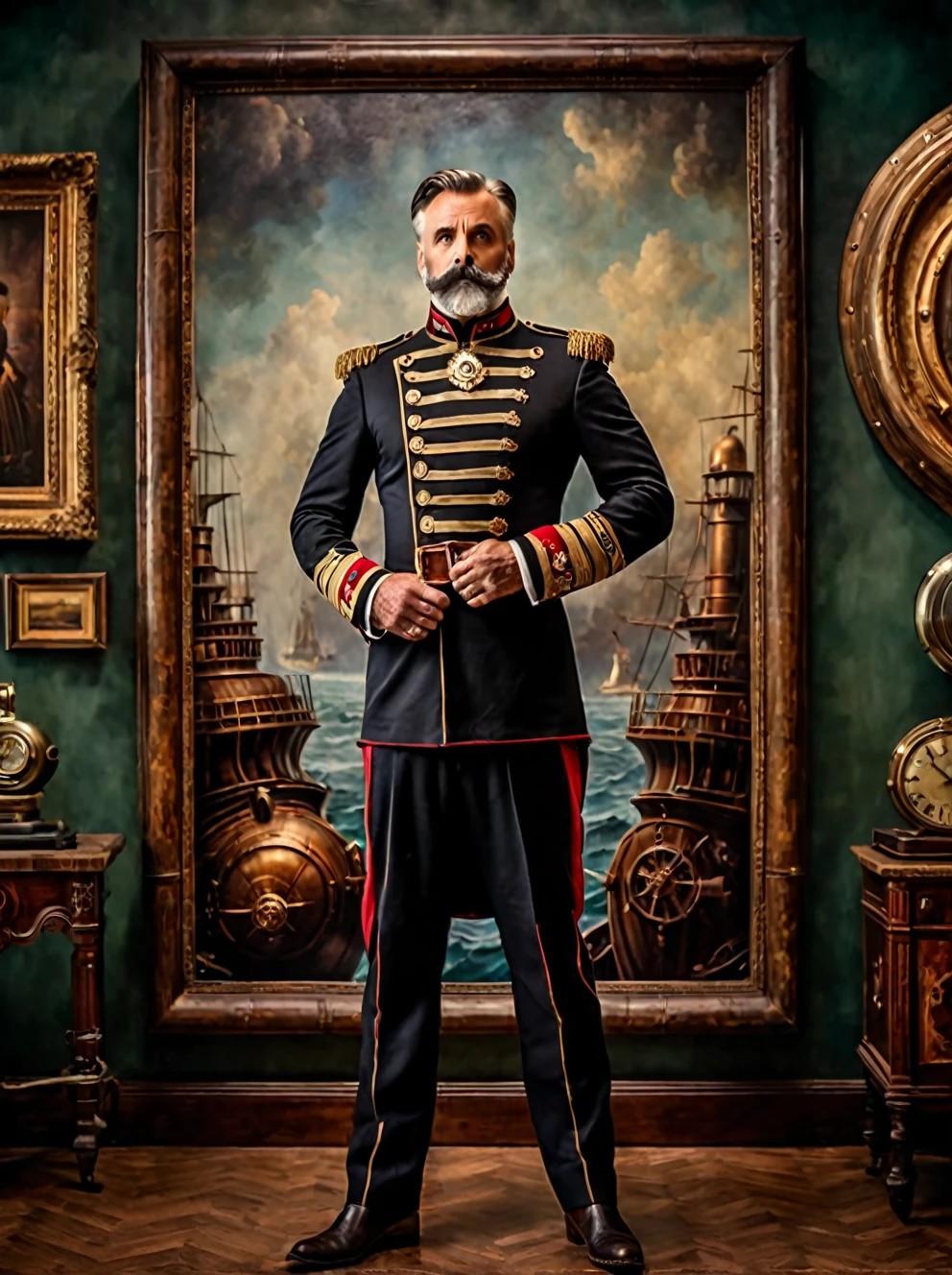 photo focus on male focus, indoors, realistic scenery, (captain nemo:1.1), standing in front of a beautiful painting, high quality painting, hands behind his back, close-up, loaded military uniform, steampunk nautilus-style. very wide shot, character photo portrait, film, professional, 4k, highly detailed,