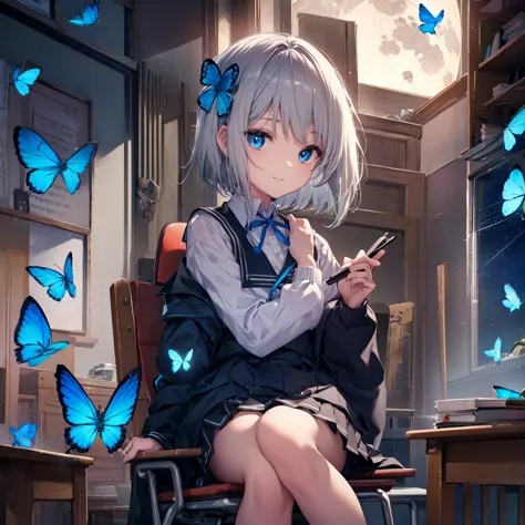 (((1 person　Gray Hair　Holding a pen　classroom　Chair　sit)))　((High resolution　short hair　tie　Black Skirt　Rin々Funny face　))　((stud...