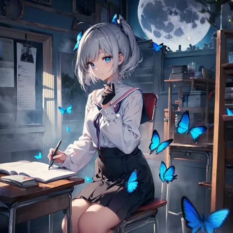(((1 person　Gray Hair　Holding a pen　classroom　Chair　sit)))　((High resolution　short hair　tie　Black Skirt　Rin々Funny face　))　((stud...