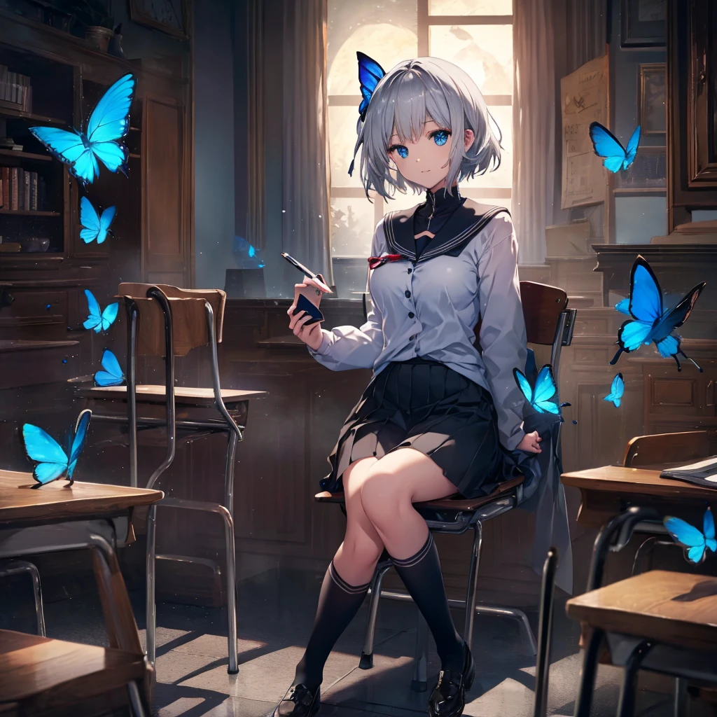 (((1 person　Gray Hair　Holding a pen　classroom　Chair　sit)))　((High resolution　short hair　tie　Black Skirt　Rin々Funny face　))　((student　Blue eyes　Close-up))　((Blue Butterfly　night　School classroom　Shining Aura　sit　Catch the wind　Looking at the moon outside))　(smile　Bathed in light)　Moon night　moonlight　star　Shuriken　Shining Background　Shining Edge