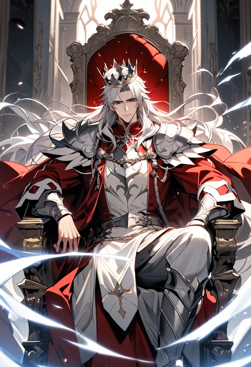 Handsome with a crown, single, 1 male, long hair, white hair, black eyes, white fur warrior king outfit. Shining silver armor A red robe with white fur sat on the throne. An enormous power swirled like ice mixed with wind. There was a king's crown and a gleaming sword by his side.