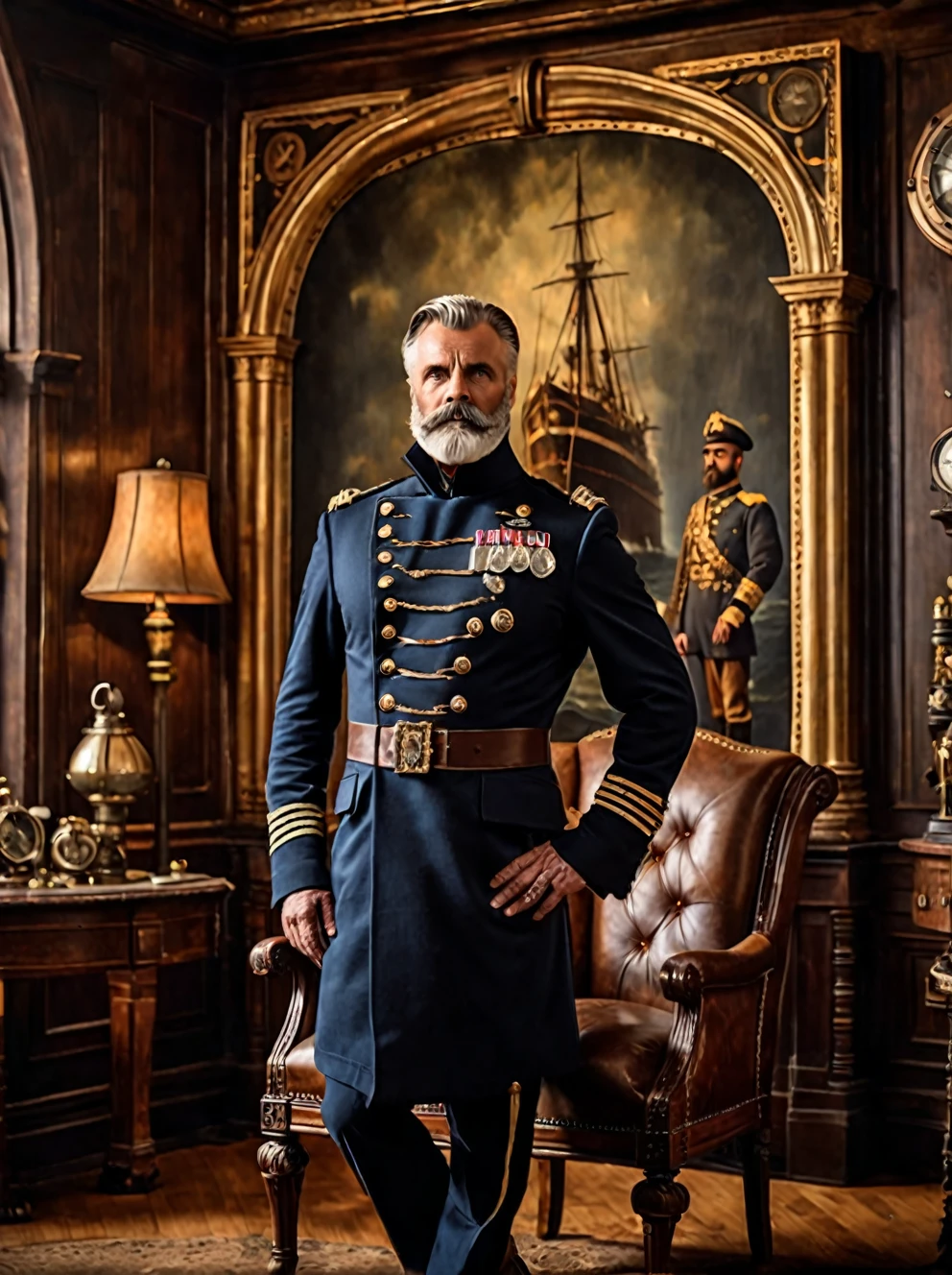 photo focus on male focus, indoors, realistic scenery, (captain nemo:1.1),   large painting in the background, close-up, arch, chair, loaded military uniform, steampunk nautilus-style. very wide shot, character photo portrait, film, professional, 4k, highly detailed