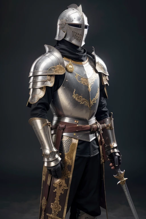 fullbody, front view, Royal Knights，Historic heavy armor envelops the entire body，Point the knight's sword at the sky，Portrait of，Close-up isolation，Solemn，Flat Chest，moderate，Humble，Cinematic, High resolution, vulgar, complicated, high quality, Gorgeous shades, complicatedなディテール, Very slim;，OC Rendering