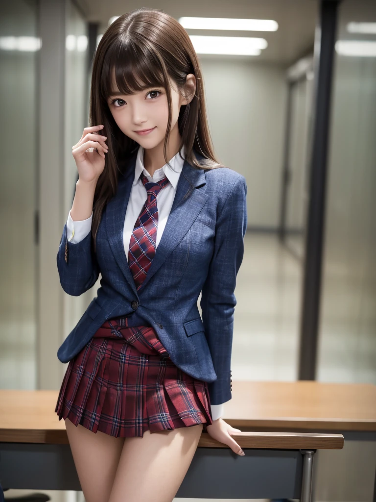 (8K, RAW Photos, Highest quality), Stand in the classroom of school, (((((((One woman))))))), ((Brown Hair)), ((Long Bob Hair)), ((Detailed eyes)), ((smile)), ((Red tie)), (((Dark blue closed blazer))), (((A blue plaid pleated miniskirt that wraps around the hips))), Asymmetrical bangs, 楽しそうなsmile, Thighs, knees, Random pose，pretty girl，Slender girl