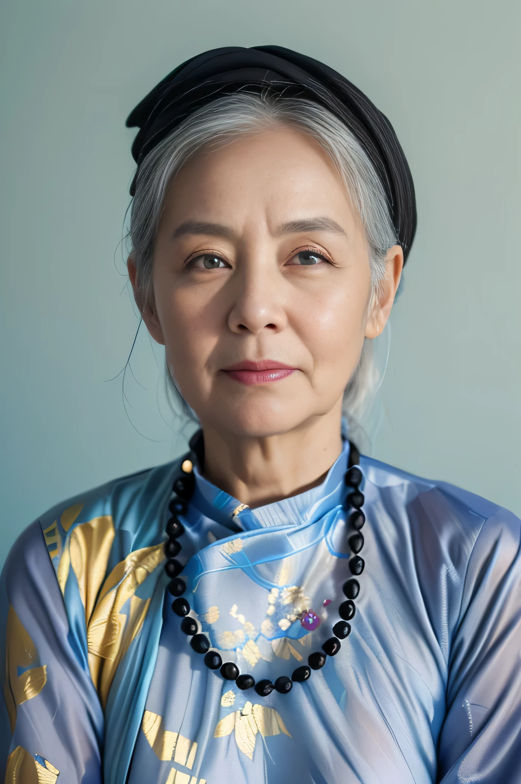 Highly realistic photo, ((masterpiece), (best quality), (raw photo), (photorealistic:1.4), Portrait of a 85 year old Vietnamese woman, wearing a black traditional Vietnamese aodai and a black scarf on her head, ((gray hair)), wear a stone necklace, (light blue background) , photo taken by Sony A7IV
