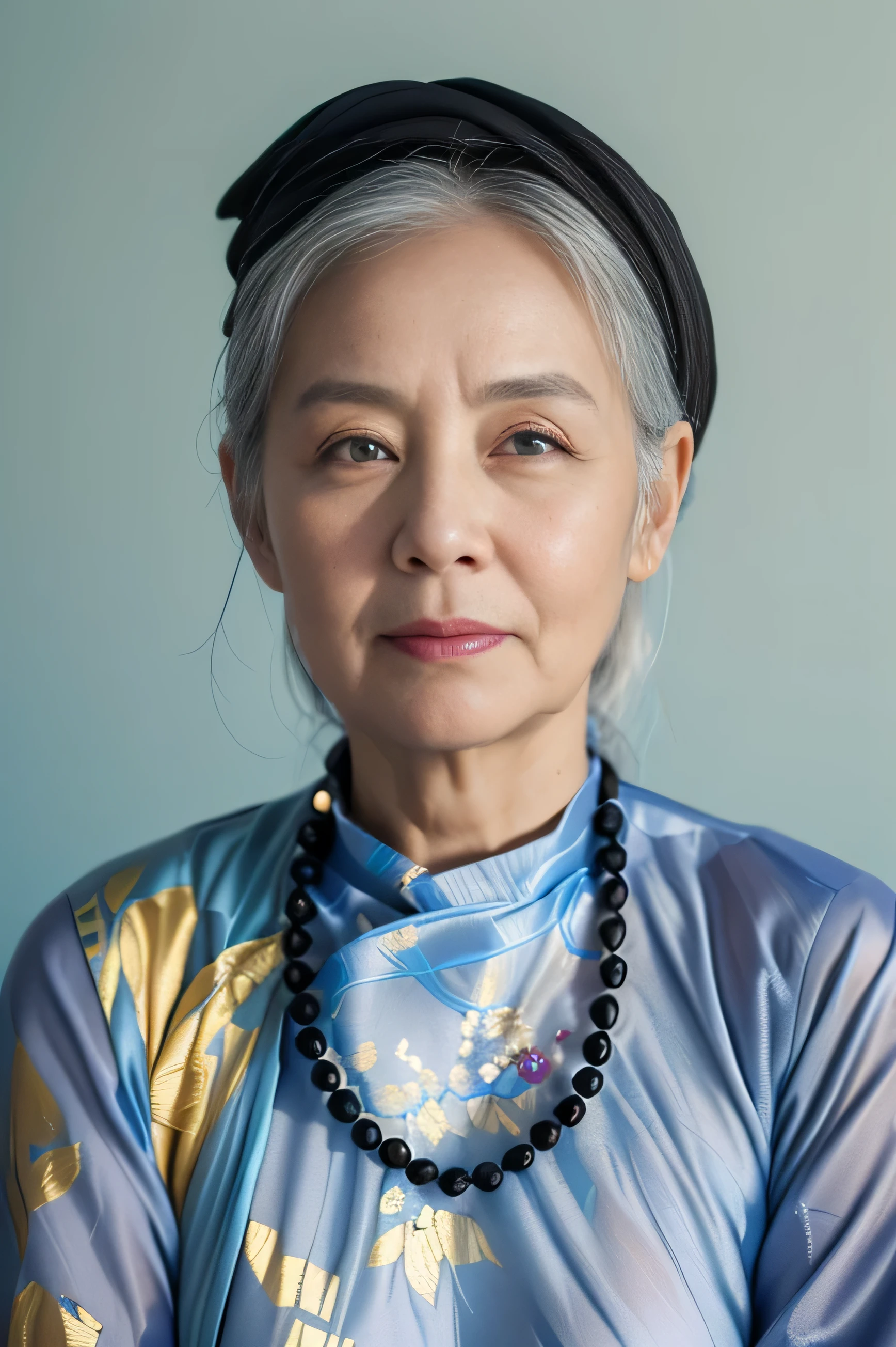 Foto altamente realista, ((obra de arte), (melhor qualidade), (Foto CRU), (fotorrealista:1.4), Retrato de uma mulher vietnamita de 85 anos, vestindo um aodai vietnamita tradicional preto e um lenço preto na cabeça, ((cabelo grisalho)), use um colar de pedra, (fundo azul claro) , foto tirada por Sony A7IV
