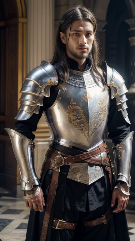 fullbody, front view, Royal Knights， Historic heavy armor envelops the entire body， Point the knight's sword at the sky， Portrait of， Close-up isolation， Solemn， Flat Chest， moderate， Humble， Cinematic, High resolution, vulgar, complicated, high quality, Gorgeous shades, complicated detail, Very slim;，OC Rendering on floor, 