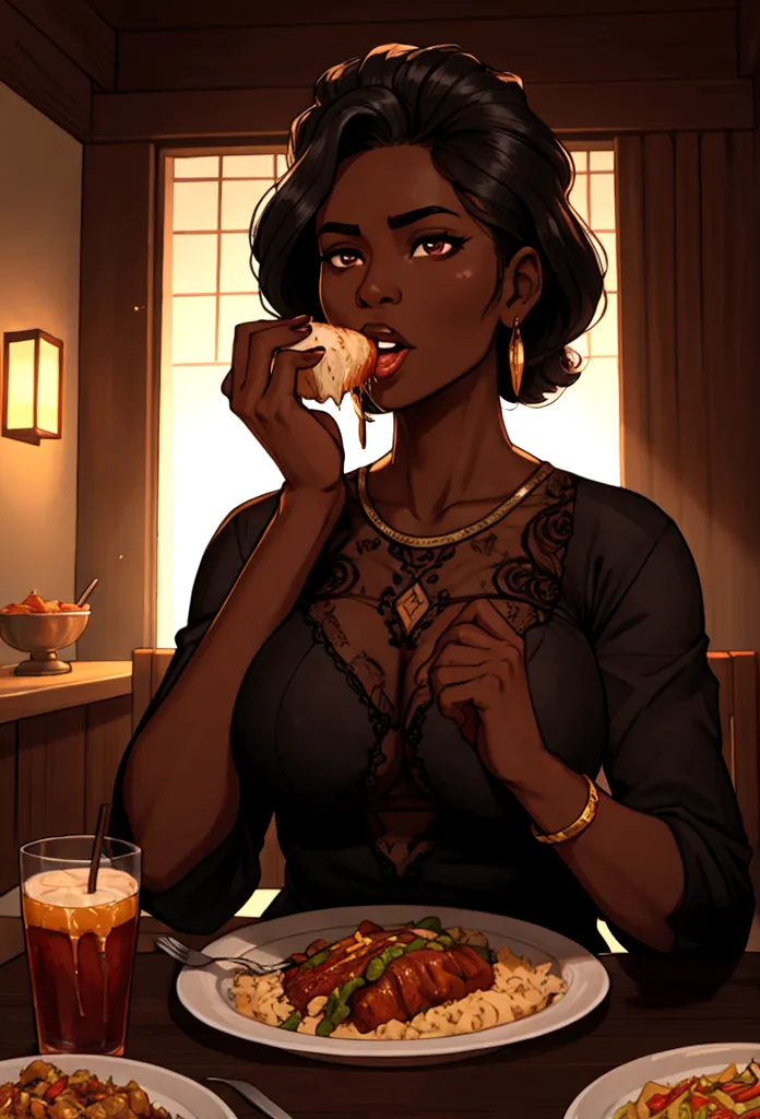 dark skin woman eats dinner