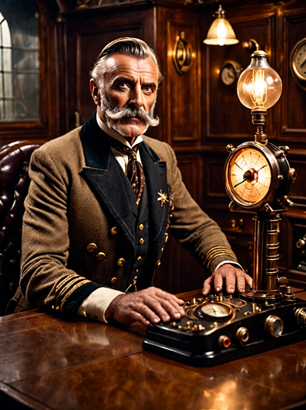 photo focus on male focus, indoors, realistic scenery, (captain nemo:1.1), hands under table, retro-futuristic,  using a thermionic radio, Bakelite radio,  electricity, steampunk nautilus-style. very wide shot, character photo portrait, film, professional, 4k