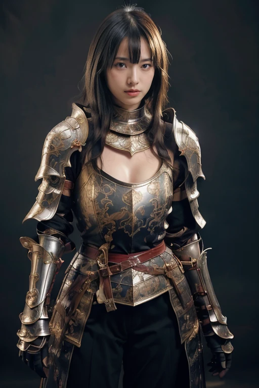 looking at viewer, holding sword,  Japanese girl , 16 year old ,( black hair, fringe, wince, little smiling),(C cup breasts, slender whist, middle hip, public hair) ,fullbody, Royal Knights， (((Historic heavy armor envelops the entire body)))，((Point the knight's sword at the sky))， Portrait of， Close-up isolation， Solemn， Flat Chest， moderate， Humble， Cinematic, High resolution, vulgar, complicated, high quality, Gorgeous shades, complicated detail, Very slim,，Cinematic, High resolution, vulgar, complicated, high quality, Gorgeous shades, complicated, Very slim;，OC Rendering